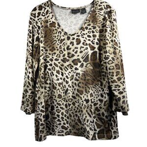 Chicos Additions Womens Top Size Large Cheetah 3/4 Sleeve Brown Stretch Pullover